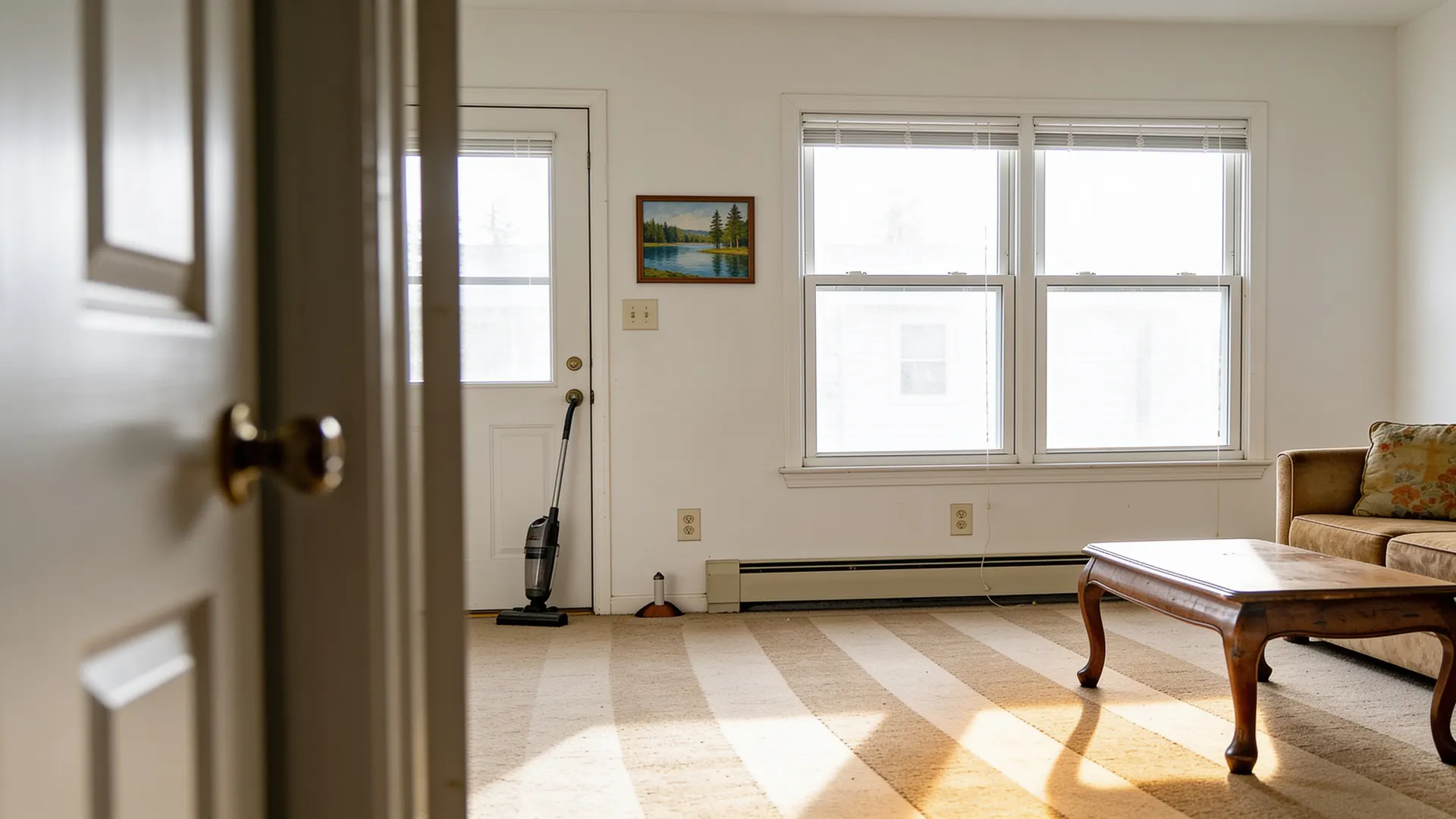 Sunlit family living room after a deep clean, fresh vacuum lines across the carpet