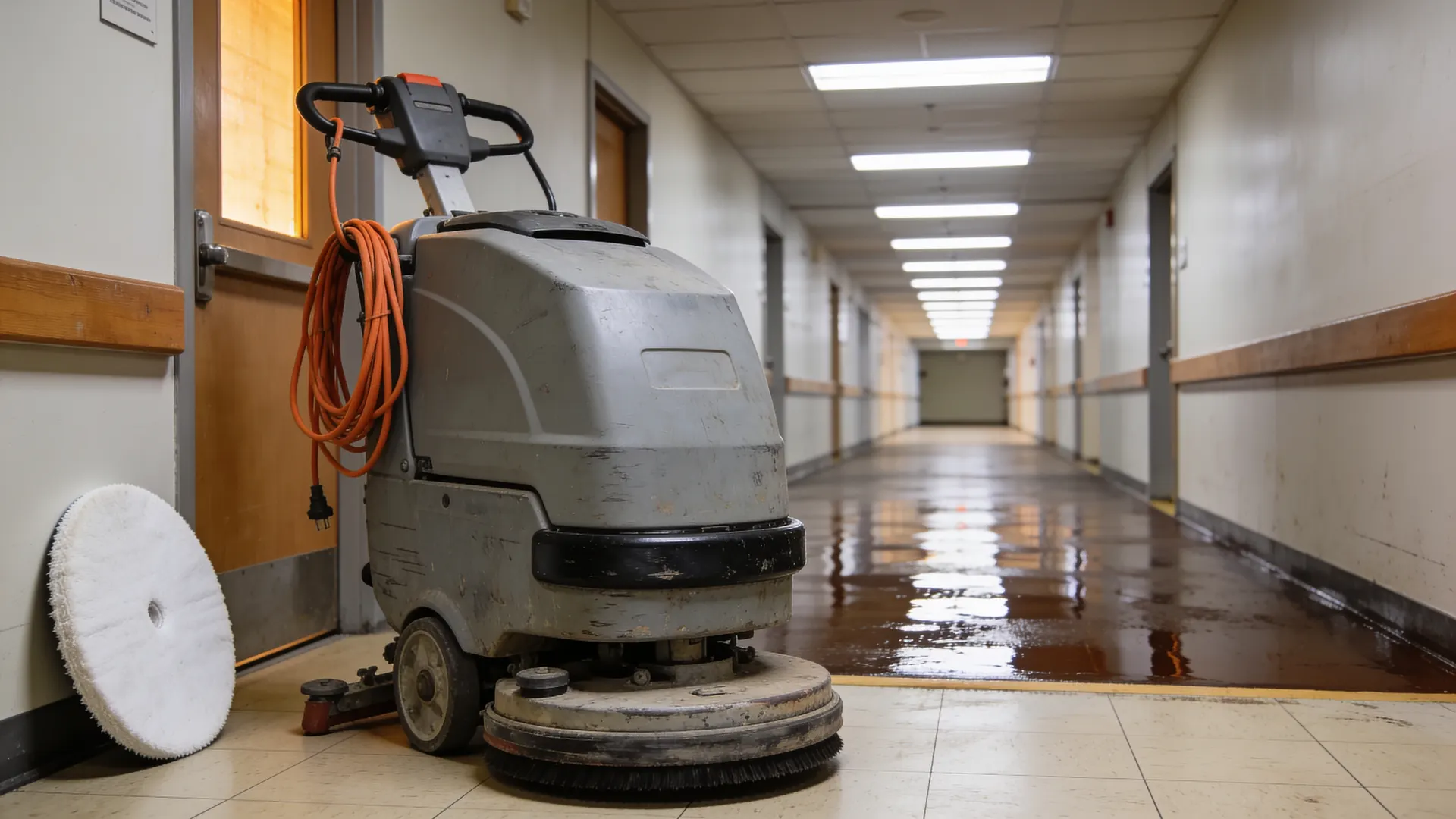 Floor machine parked on a long corridor, fresh high-gloss finish reflecting the lights