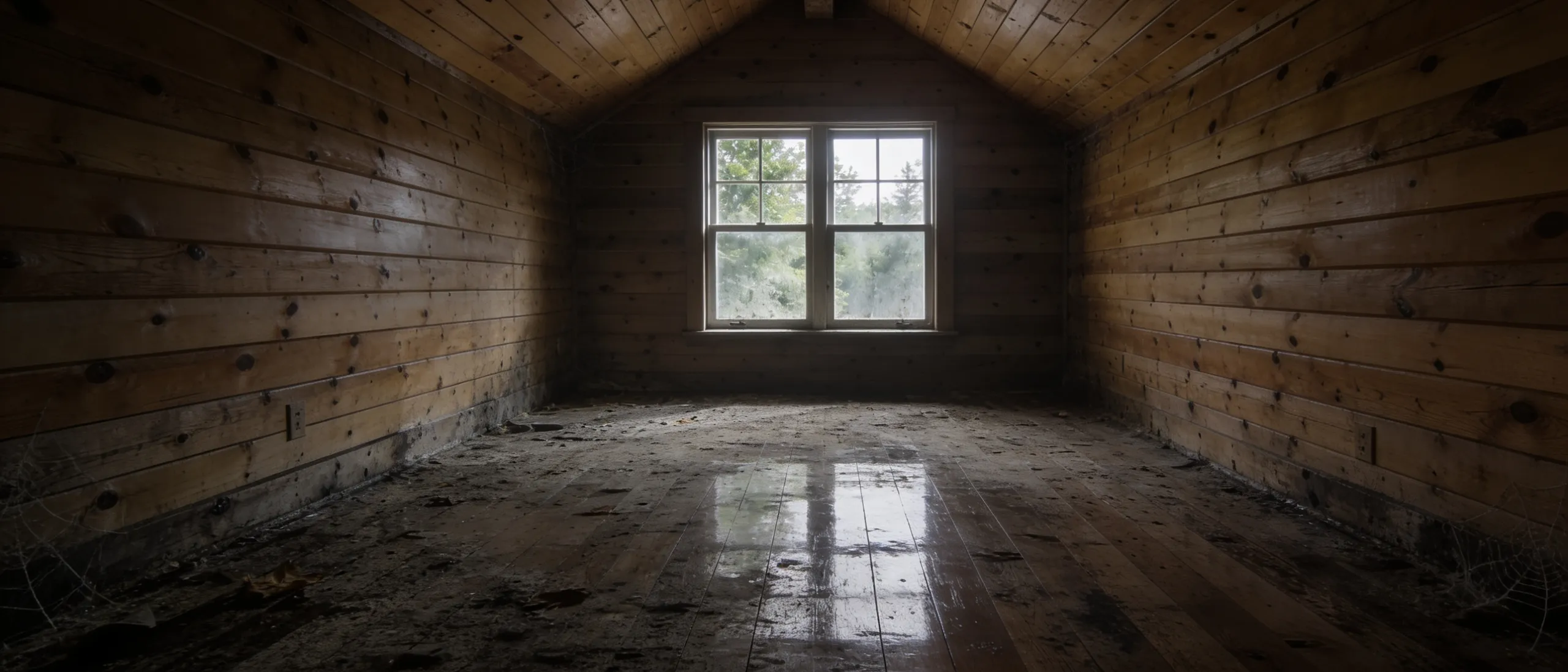 A neglected interior before a deep clean, floors and surfaces heavy with grime