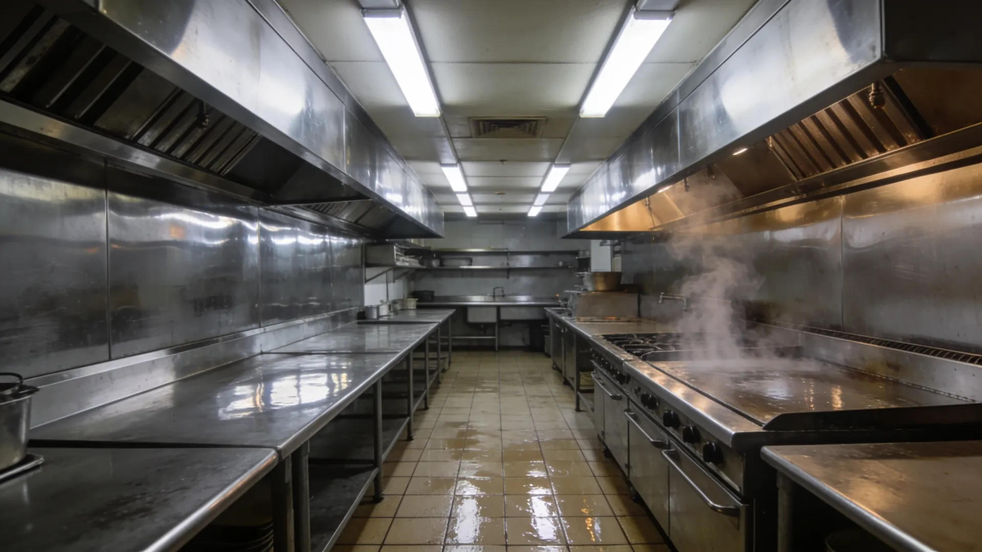 Commercial kitchen after an overnight steam clean, hood line and stainless polished, floor still drying