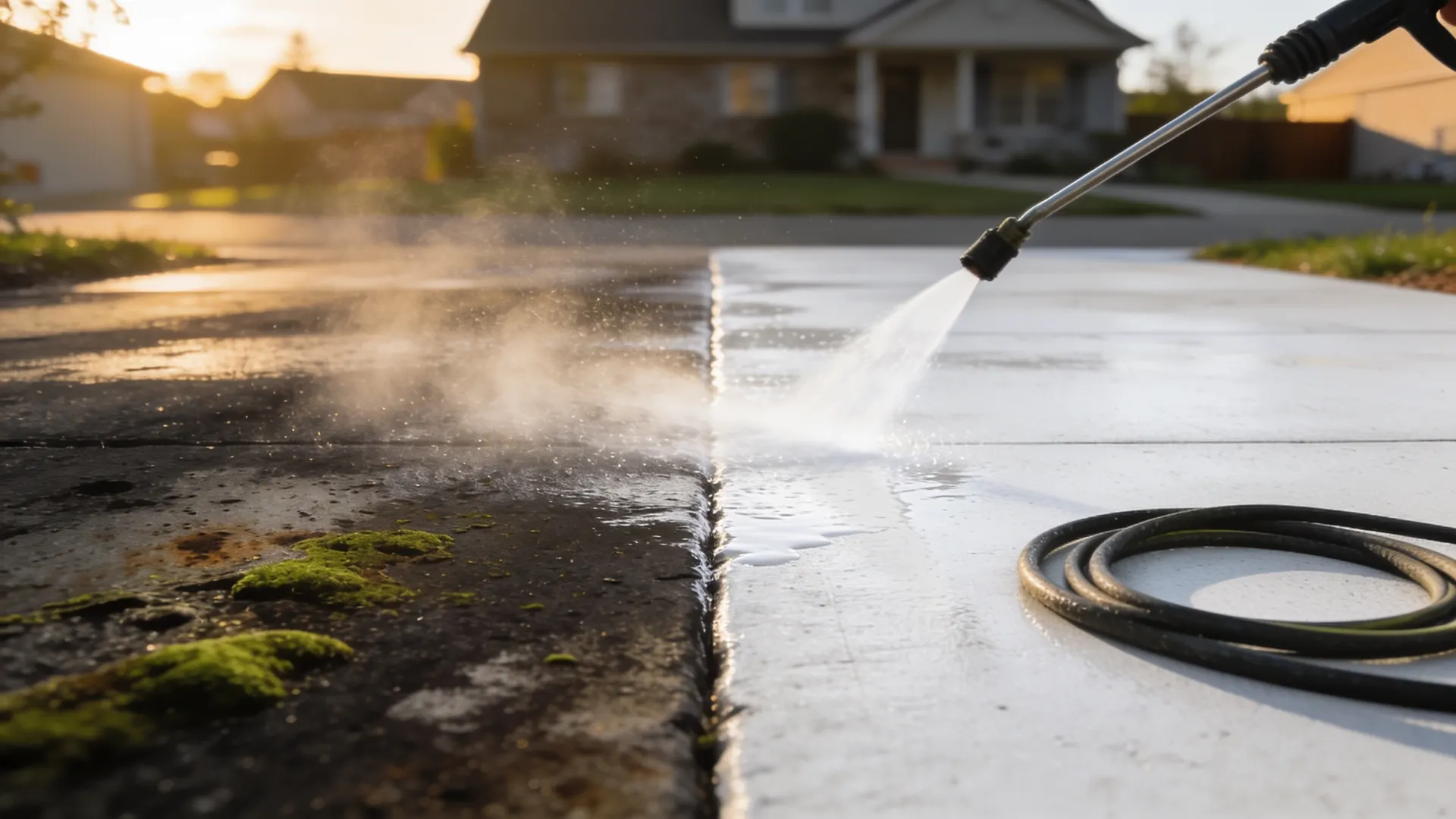 Pressure washer cutting a clean line across a driveway, grime on one side, bright concrete on the other