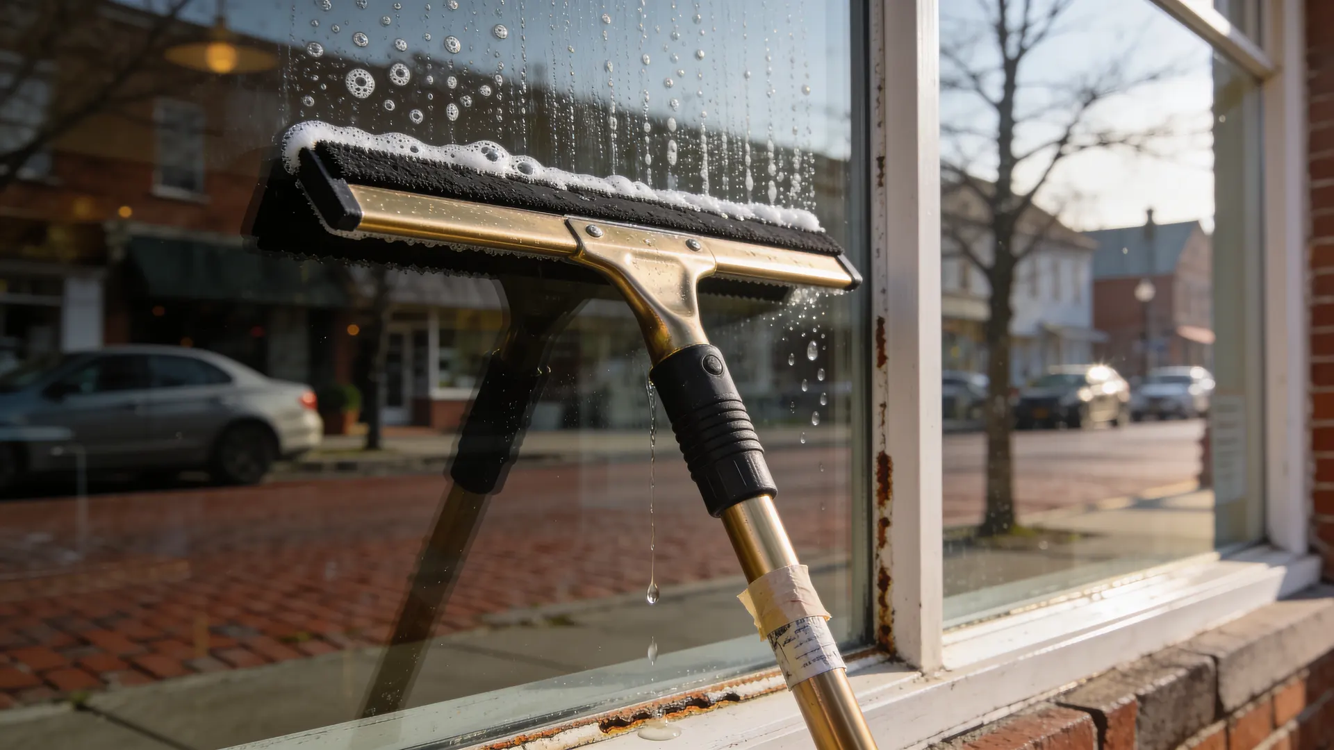 Squeegee mid-stroke on a storefront window, one clean stripe cut through the wash water