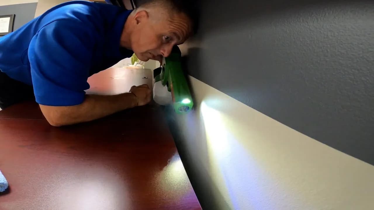 Technician with a flashlight cleaning under a bar rail